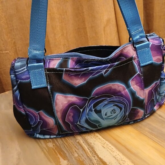 New Canvas Ombre Roses Shoulder Bag Purse Blue Pink Purple Black Tote Handbag - Picture 5 of 6